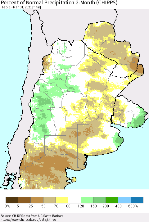 Southern South America Percent of Normal Precipitation 2-Month (CHIRPS) Thematic Map For 2/1/2021 - 3/31/2021
