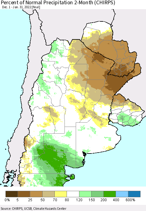 Southern South America Percent of Normal Precipitation 2-Month (CHIRPS) Thematic Map For 12/1/2021 - 1/31/2022