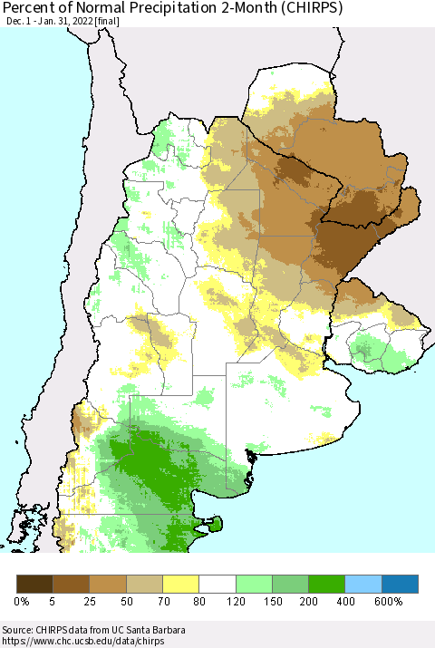 Southern South America Percent of Normal Precipitation 2-Month (CHIRPS) Thematic Map For 12/1/2021 - 1/31/2022