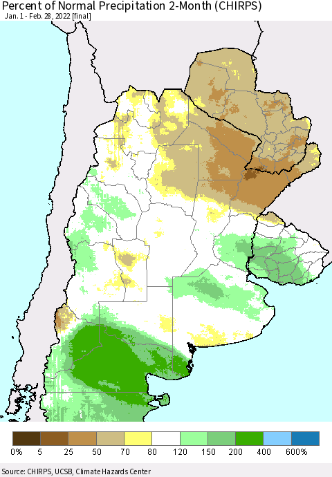 Southern South America Percent of Normal Precipitation 2-Month (CHIRPS) Thematic Map For 1/1/2022 - 2/28/2022