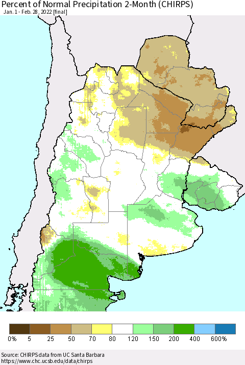 Southern South America Percent of Normal Precipitation 2-Month (CHIRPS) Thematic Map For 1/1/2022 - 2/28/2022