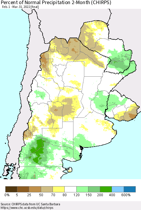 Southern South America Percent of Normal Precipitation 2-Month (CHIRPS) Thematic Map For 2/1/2022 - 3/31/2022