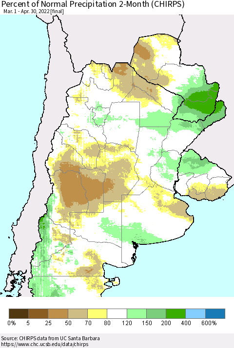 Southern South America Percent of Normal Precipitation 2-Month (CHIRPS) Thematic Map For 3/1/2022 - 4/30/2022