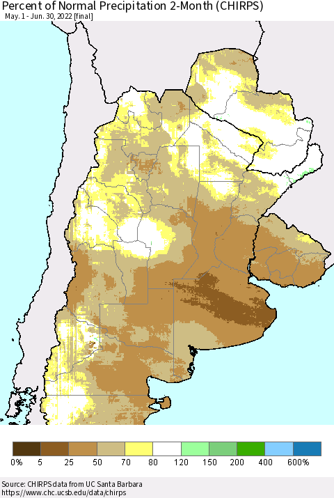 Southern South America Percent of Normal Precipitation 2-Month (CHIRPS) Thematic Map For 5/1/2022 - 6/30/2022