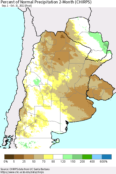 Southern South America Percent of Normal Precipitation 2-Month (CHIRPS) Thematic Map For 9/1/2022 - 10/31/2022