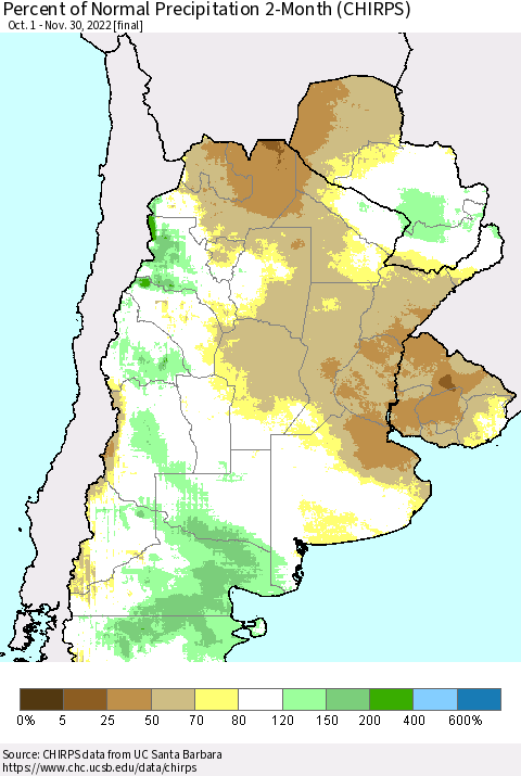Southern South America Percent of Normal Precipitation 2-Month (CHIRPS) Thematic Map For 10/1/2022 - 11/30/2022