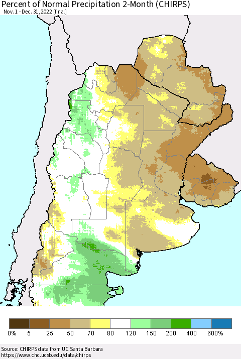 Southern South America Percent of Normal Precipitation 2-Month (CHIRPS) Thematic Map For 11/1/2022 - 12/31/2022