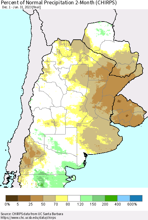 Southern South America Percent of Normal Precipitation 2-Month (CHIRPS) Thematic Map For 12/1/2022 - 1/31/2023