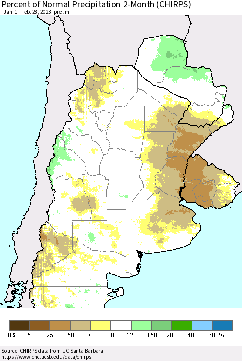 Southern South America Percent of Normal Precipitation 2-Month (CHIRPS) Thematic Map For 1/1/2023 - 2/28/2023