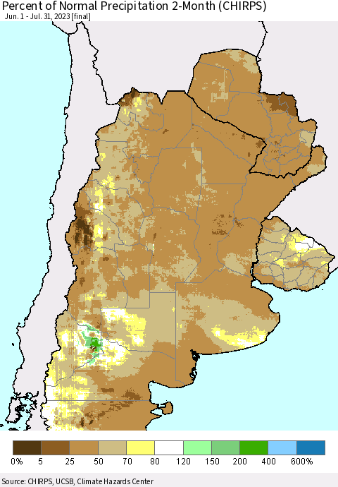 Southern South America Percent of Normal Precipitation 2-Month (CHIRPS) Thematic Map For 6/1/2023 - 7/31/2023