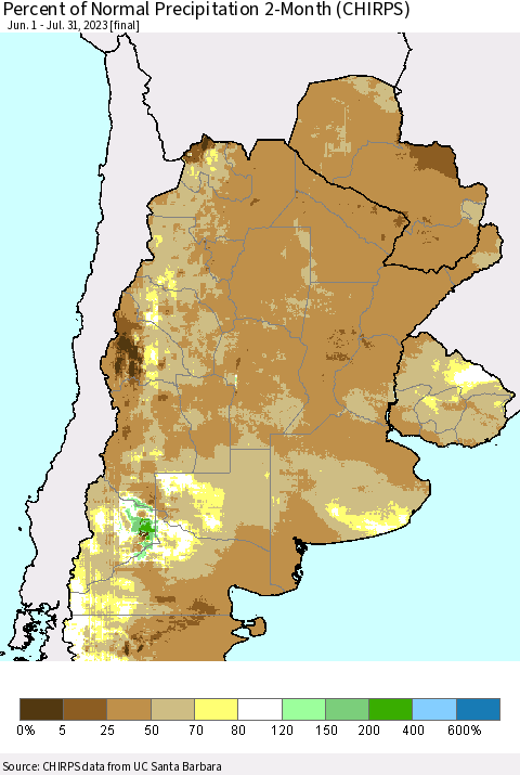 Southern South America Percent of Normal Precipitation 2-Month (CHIRPS) Thematic Map For 6/1/2023 - 7/31/2023