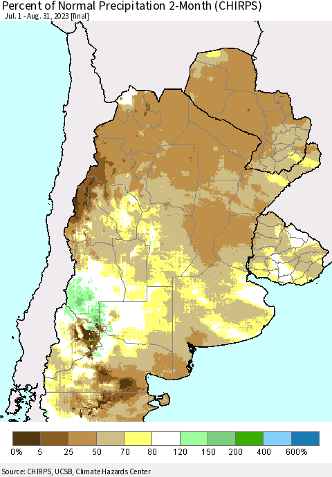 Southern South America Percent of Normal Precipitation 2-Month (CHIRPS) Thematic Map For 7/1/2023 - 8/31/2023