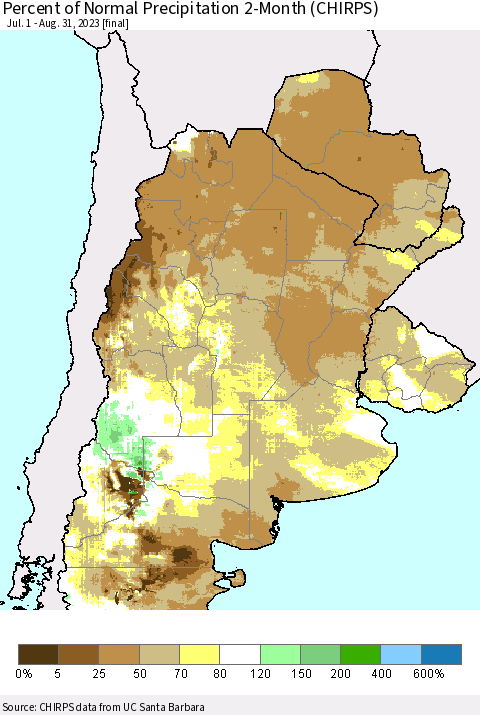 Southern South America Percent of Normal Precipitation 2-Month (CHIRPS) Thematic Map For 7/1/2023 - 8/31/2023