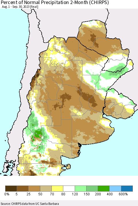 Southern South America Percent of Normal Precipitation 2-Month (CHIRPS) Thematic Map For 8/1/2023 - 9/30/2023