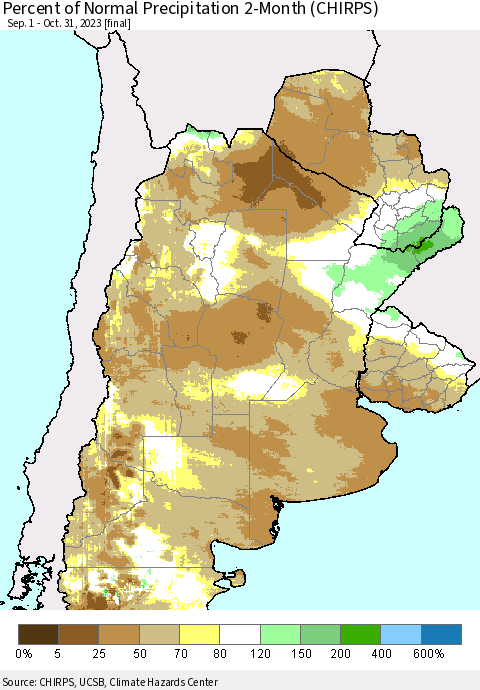 Southern South America Percent of Normal Precipitation 2-Month (CHIRPS) Thematic Map For 9/1/2023 - 10/31/2023