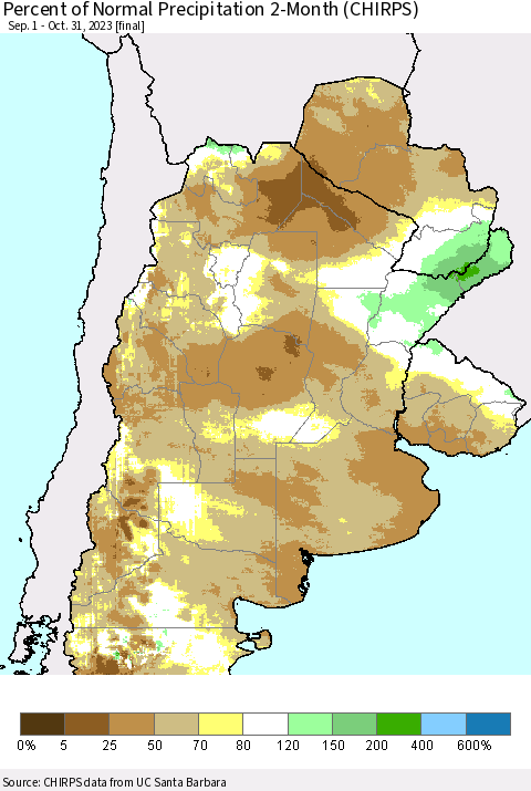 Southern South America Percent of Normal Precipitation 2-Month (CHIRPS) Thematic Map For 9/1/2023 - 10/31/2023