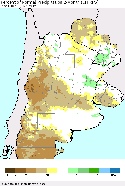 Southern South America Percent of Normal Precipitation 2-Month (CHIRPS) Thematic Map For 11/1/2023 - 12/31/2023