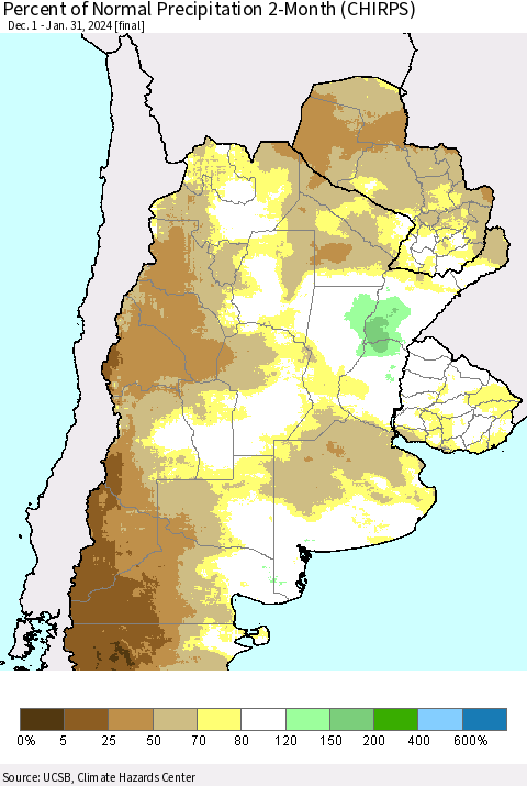 Southern South America Percent of Normal Precipitation 2-Month (CHIRPS) Thematic Map For 12/1/2023 - 1/31/2024