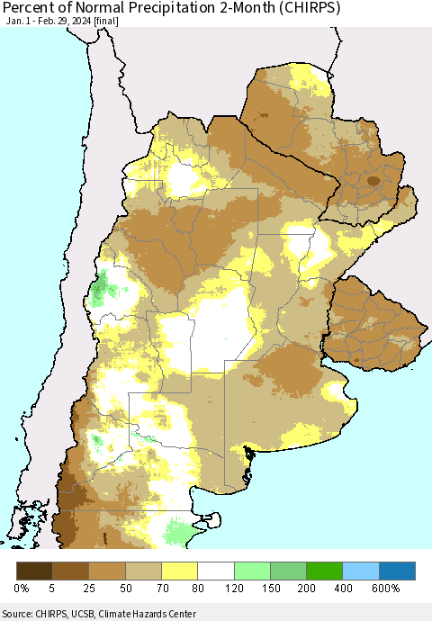 Southern South America Percent of Normal Precipitation 2-Month (CHIRPS) Thematic Map For 1/1/2024 - 2/29/2024