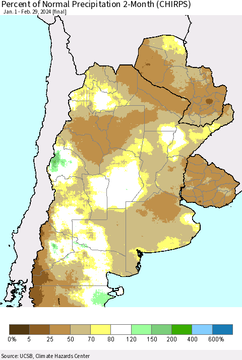 Southern South America Percent of Normal Precipitation 2-Month (CHIRPS) Thematic Map For 1/1/2024 - 2/29/2024