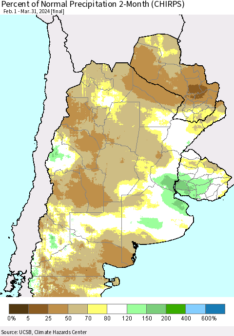 Southern South America Percent of Normal Precipitation 2-Month (CHIRPS) Thematic Map For 2/1/2024 - 3/31/2024
