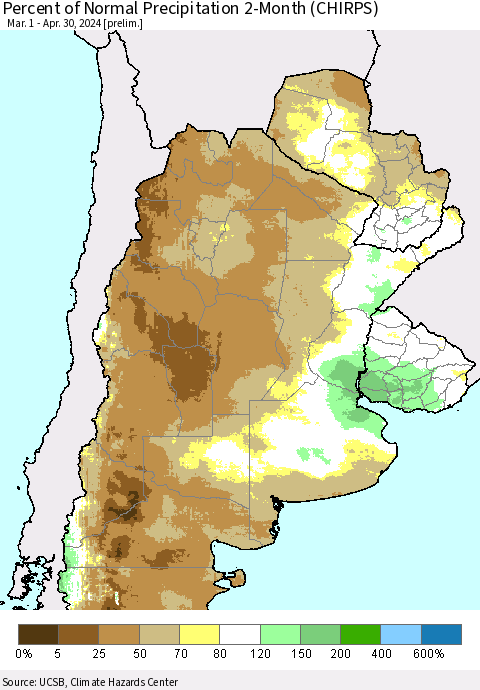 Southern South America Percent of Normal Precipitation 2-Month (CHIRPS) Thematic Map For 3/1/2024 - 4/30/2024