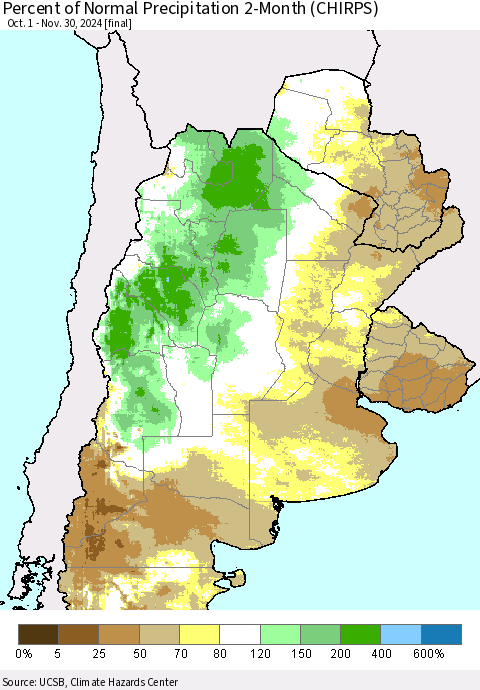 Southern South America Percent of Normal Precipitation 2-Month (CHIRPS) Thematic Map For 10/1/2024 - 11/30/2024