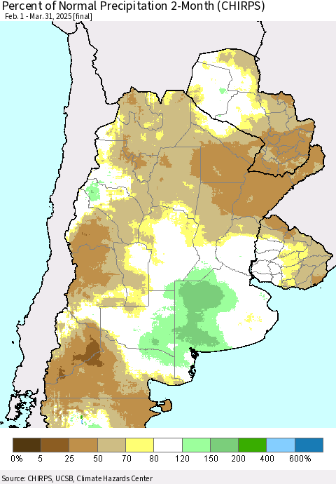 Southern South America Percent of Normal Precipitation 2-Month (CHIRPS) Thematic Map For 2/1/2025 - 3/31/2025