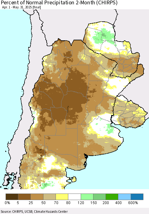 Southern South America Percent of Normal Precipitation 2-Month (CHIRPS) Thematic Map For 4/1/2025 - 5/31/2025
