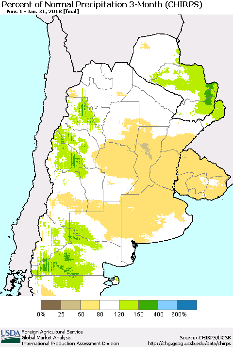 Southern South America Percent of Normal Precipitation 3-Month (CHIRPS) Thematic Map For 11/1/2017 - 1/31/2018