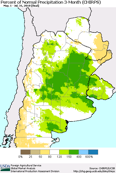 Southern South America Percent of Normal Precipitation 3-Month (CHIRPS) Thematic Map For 5/1/2018 - 7/31/2018