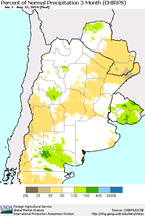 Southern South America Percent of Normal Precipitation 3-Month (CHIRPS) Thematic Map For 6/1/2018 - 8/31/2018