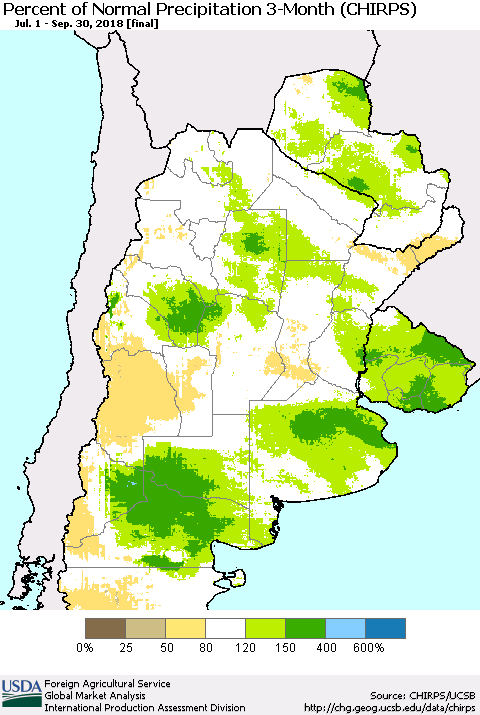 Southern South America Percent of Normal Precipitation 3-Month (CHIRPS) Thematic Map For 7/1/2018 - 9/30/2018
