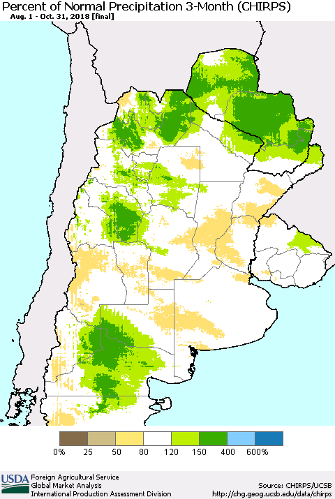 Southern South America Percent of Normal Precipitation 3-Month (CHIRPS) Thematic Map For 8/1/2018 - 10/31/2018