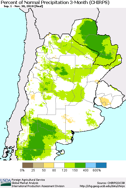 Southern South America Percent of Normal Precipitation 3-Month (CHIRPS) Thematic Map For 9/1/2018 - 11/30/2018
