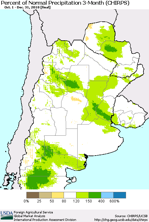 Southern South America Percent of Normal Precipitation 3-Month (CHIRPS) Thematic Map For 10/1/2018 - 12/31/2018