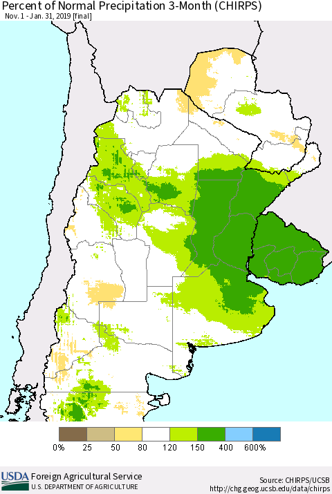 Southern South America Percent of Normal Precipitation 3-Month (CHIRPS) Thematic Map For 11/1/2018 - 1/31/2019
