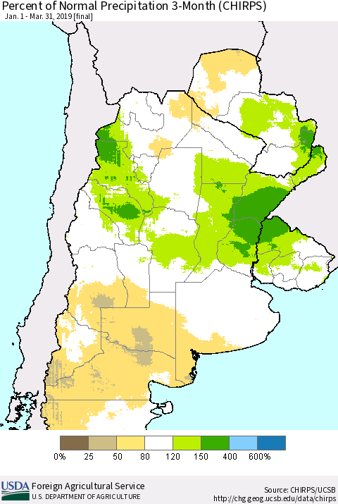 Southern South America Percent of Normal Precipitation 3-Month (CHIRPS) Thematic Map For 1/1/2019 - 3/31/2019