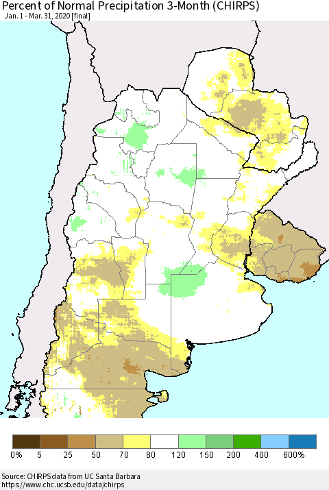 Southern South America Percent of Normal Precipitation 3-Month (CHIRPS) Thematic Map For 1/1/2020 - 3/31/2020