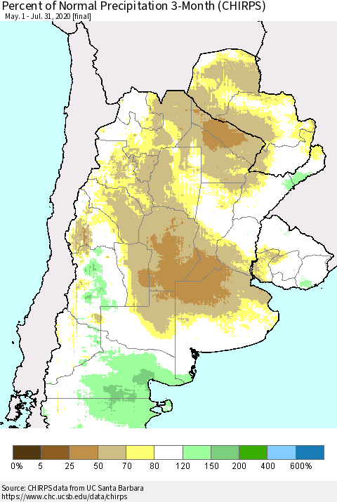 Southern South America Percent of Normal Precipitation 3-Month (CHIRPS) Thematic Map For 5/1/2020 - 7/31/2020