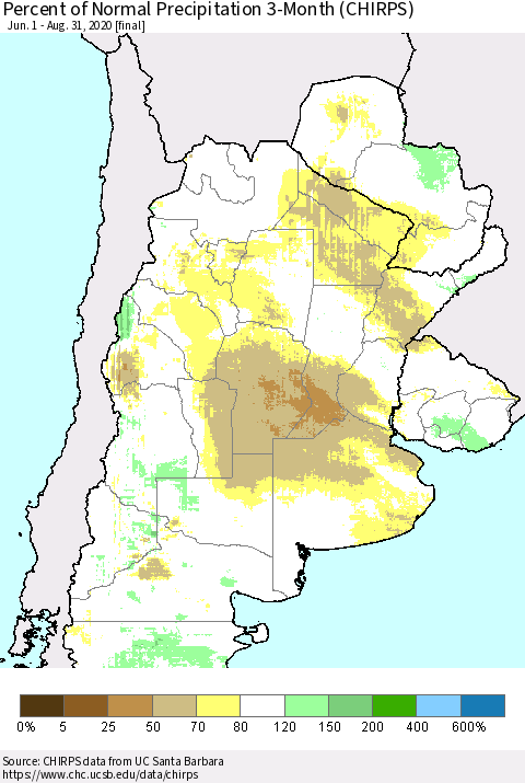 Southern South America Percent of Normal Precipitation 3-Month (CHIRPS) Thematic Map For 6/1/2020 - 8/31/2020