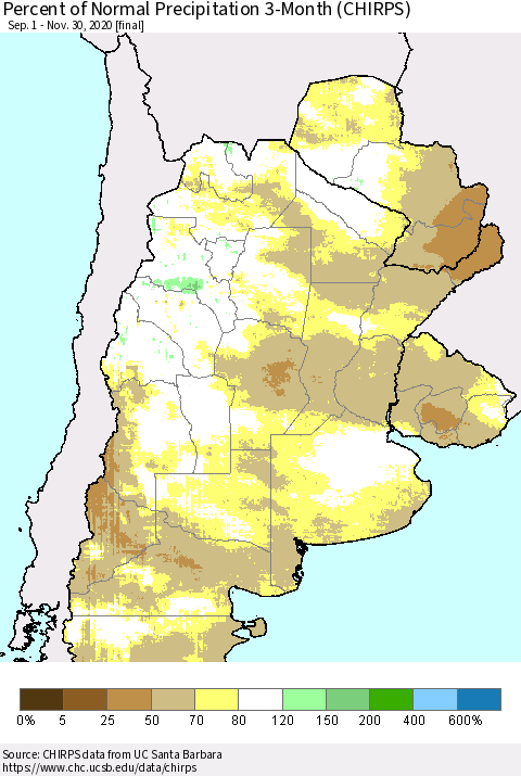 Southern South America Percent of Normal Precipitation 3-Month (CHIRPS) Thematic Map For 9/1/2020 - 11/30/2020