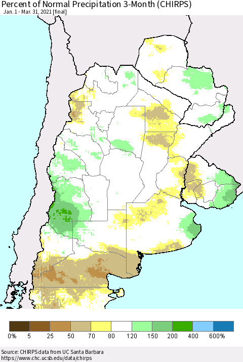 Southern South America Percent of Normal Precipitation 3-Month (CHIRPS) Thematic Map For 1/1/2021 - 3/31/2021