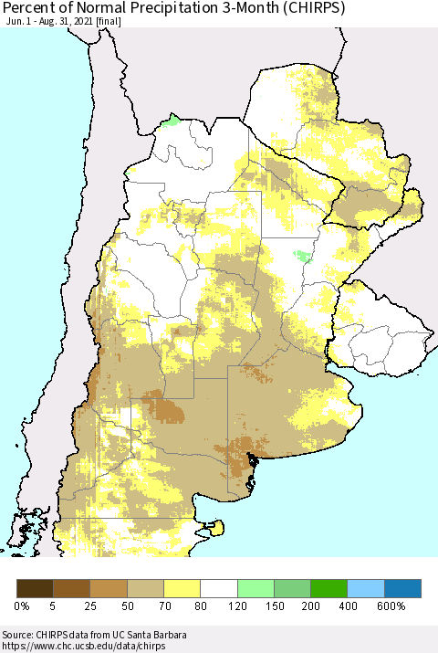 Southern South America Percent of Normal Precipitation 3-Month (CHIRPS) Thematic Map For 6/1/2021 - 8/31/2021