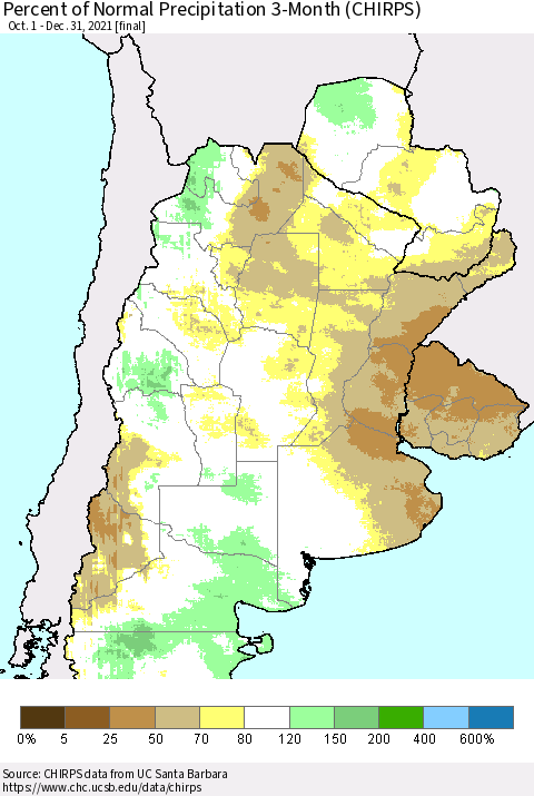 Southern South America Percent of Normal Precipitation 3-Month (CHIRPS) Thematic Map For 10/1/2021 - 12/31/2021