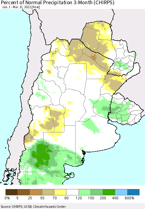 Southern South America Percent of Normal Precipitation 3-Month (CHIRPS) Thematic Map For 1/1/2022 - 3/31/2022