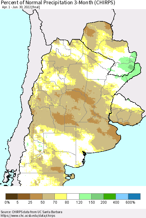 Southern South America Percent of Normal Precipitation 3-Month (CHIRPS) Thematic Map For 4/1/2022 - 6/30/2022