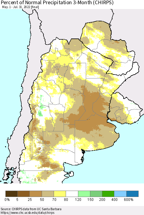 Southern South America Percent of Normal Precipitation 3-Month (CHIRPS) Thematic Map For 5/1/2022 - 7/31/2022