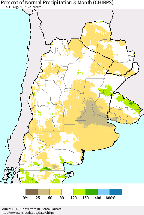 Southern South America Percent of Normal Precipitation 3-Month (CHIRPS) Thematic Map For 6/1/2022 - 8/31/2022