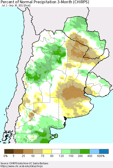 Southern South America Percent of Normal Precipitation 3-Month (CHIRPS) Thematic Map For 7/1/2022 - 9/30/2022
